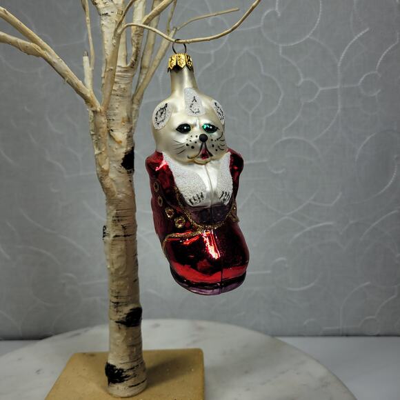 Vintage Kurt Adler Handmade Glass Cat Ornament Red Coat Glitter Christmas - Picture 2 of 16